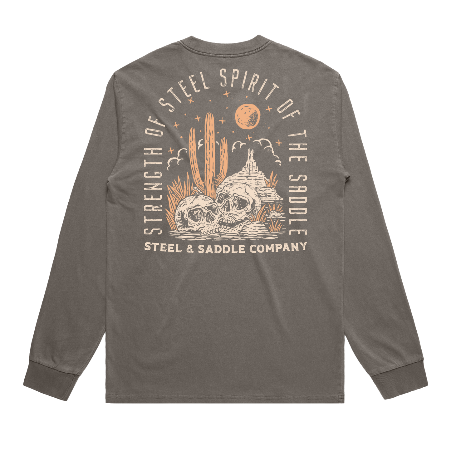 Gray long-sleeve shirt with desert-themed graphic and text on a white background