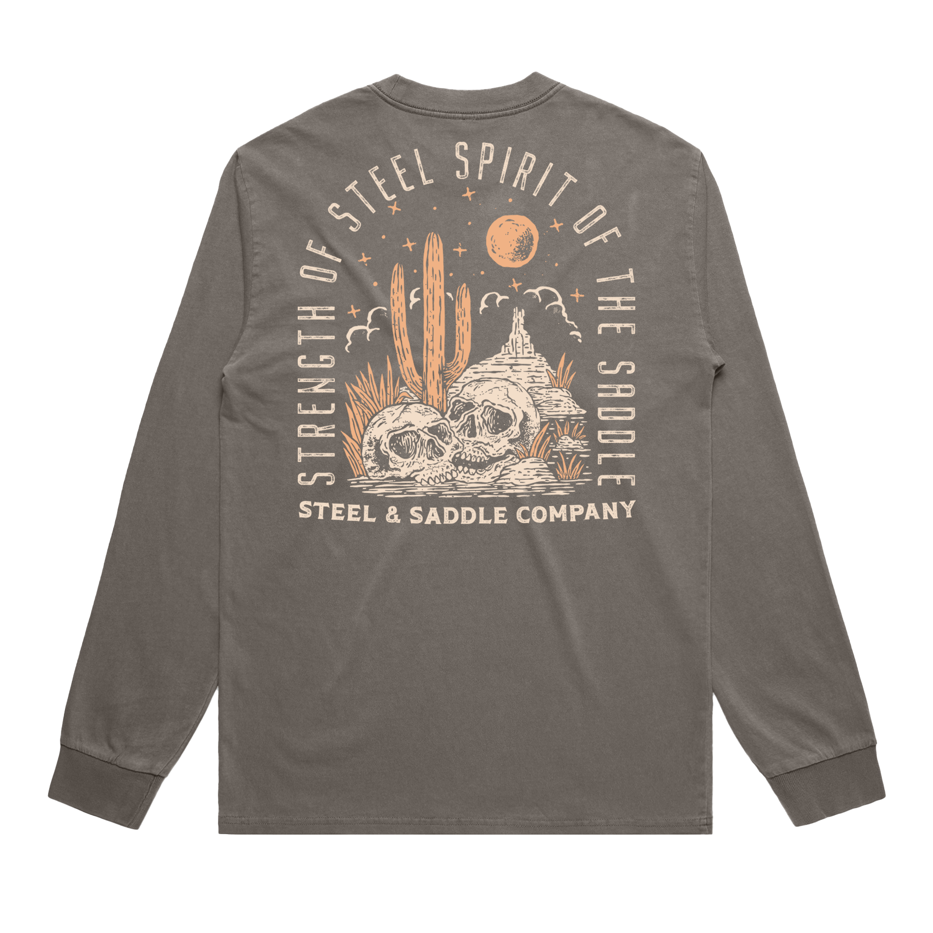 Gray long-sleeve shirt with desert-themed graphic and text on a white background