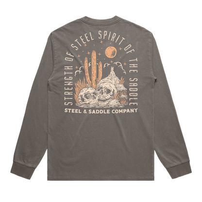 Gray long-sleeve shirt with desert-themed graphic and text on a white background