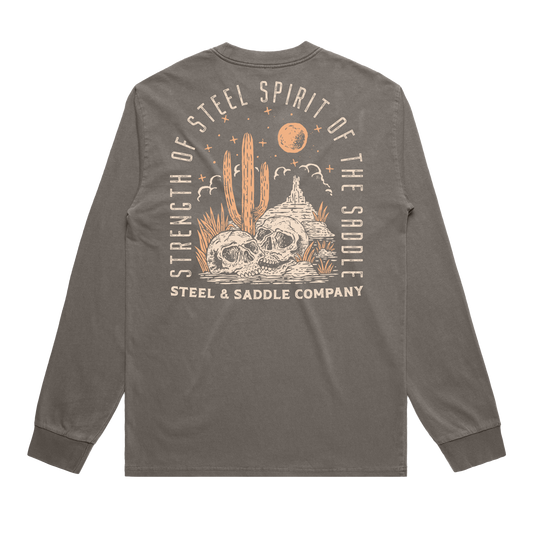Gray long-sleeve shirt with desert-themed graphic and text on a white background