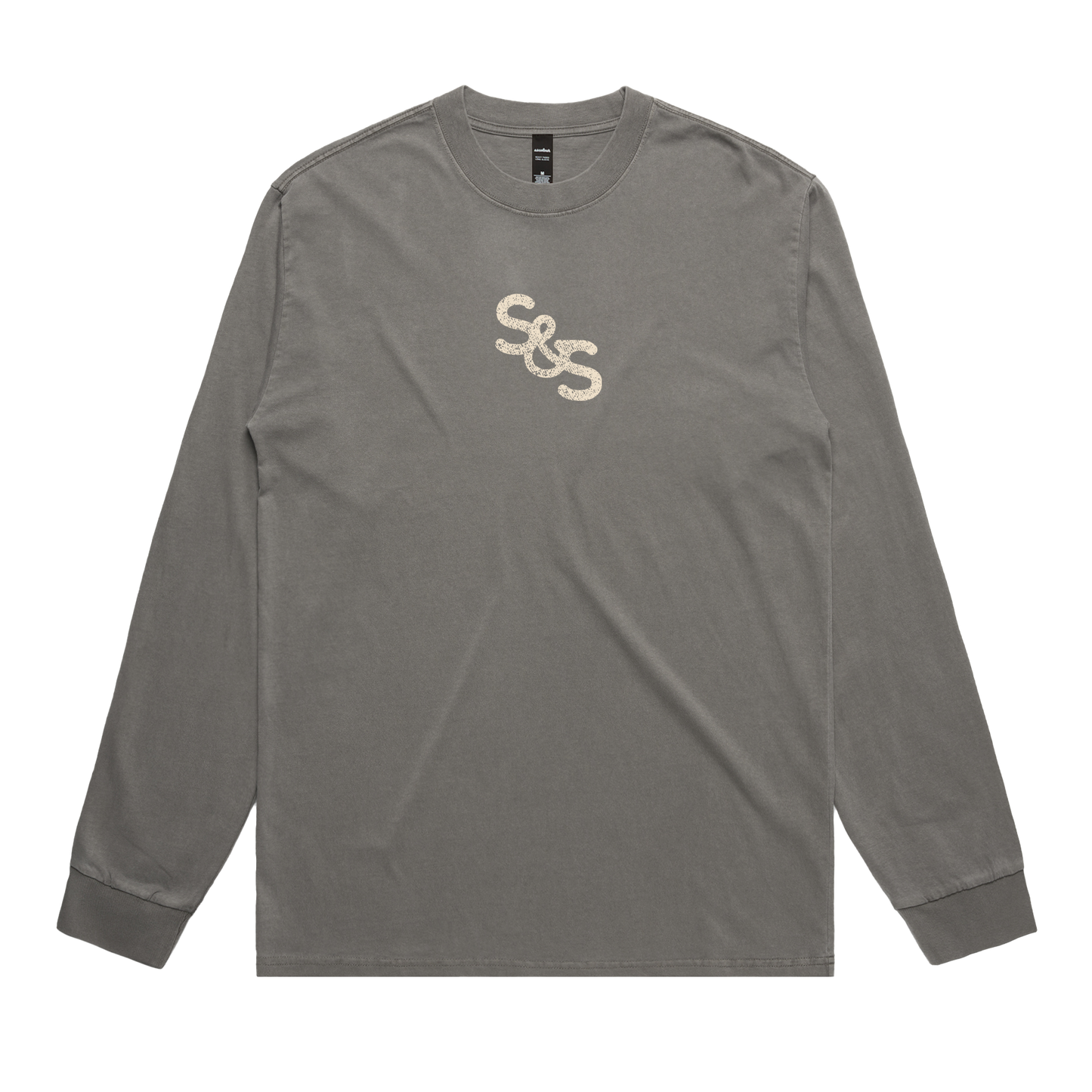 Gray long-sleeve shirt with a logo on a white background