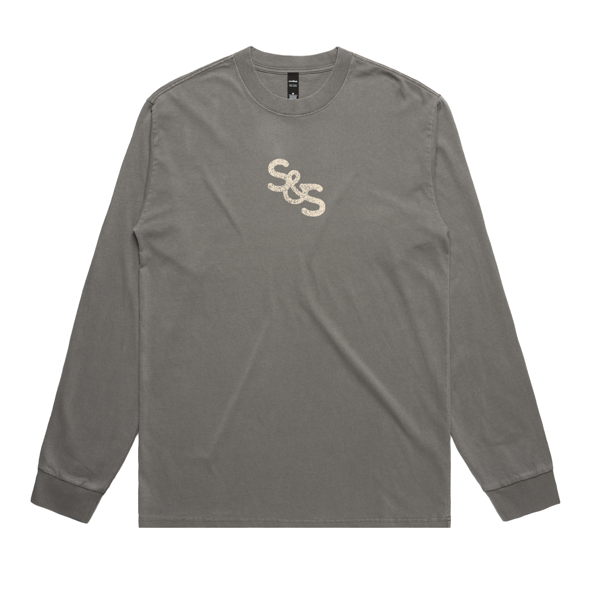 Gray long-sleeve shirt with a logo on a white background