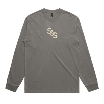 Gray long-sleeve shirt with a logo on a white background