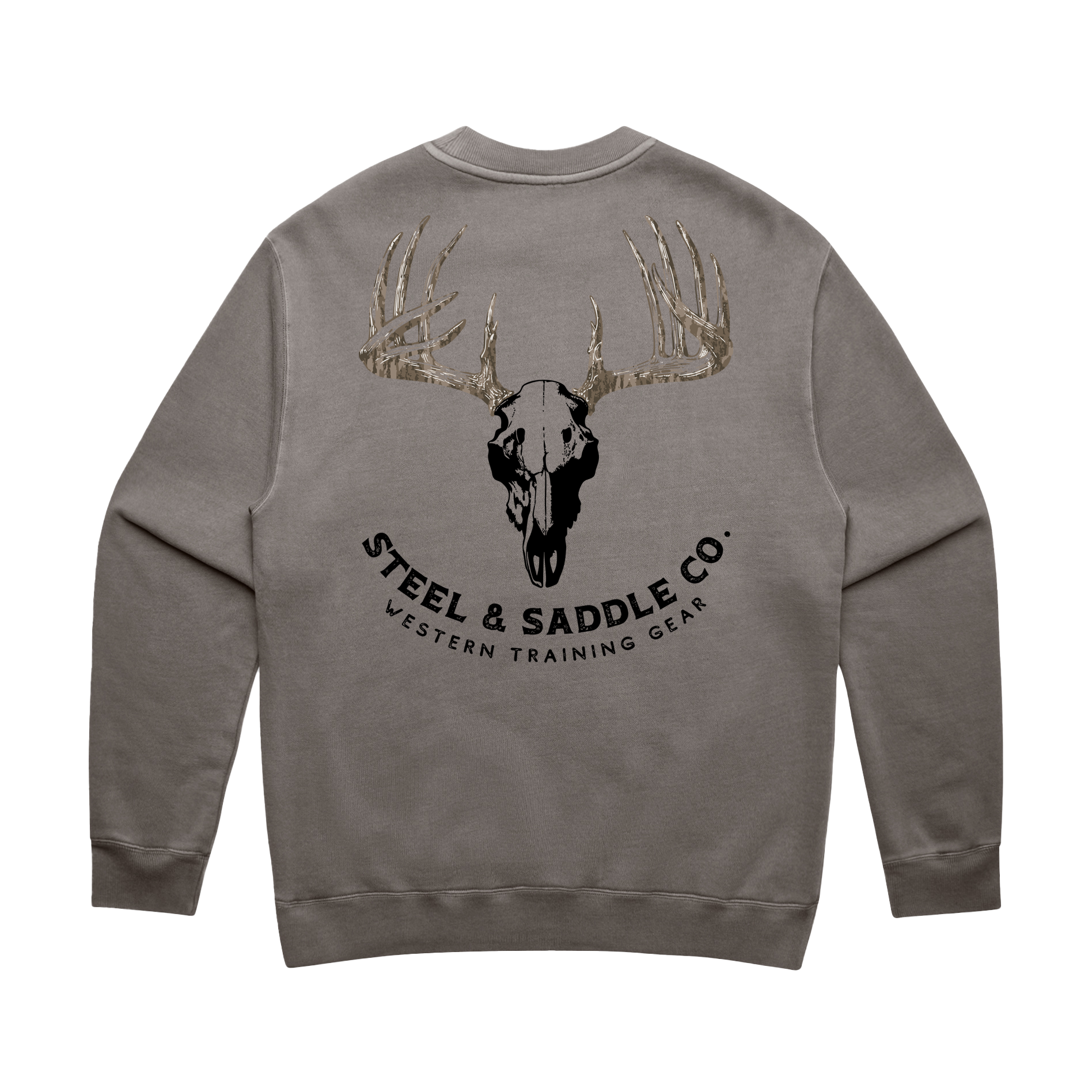 Gray sweatshirt with deer skull and antler design on the back, featuring 'Steel & Saddle Co.' branding.