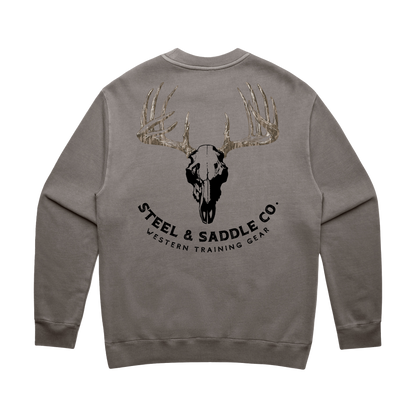 Gray sweatshirt with deer skull and antler design on the back, featuring 'Steel & Saddle Co.' branding.