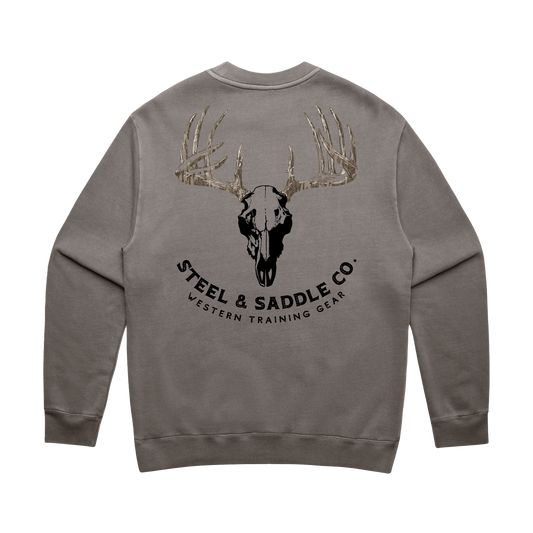 Gray sweatshirt with deer skull and antler design on the back, featuring 'Steel & Saddle Co.' branding.